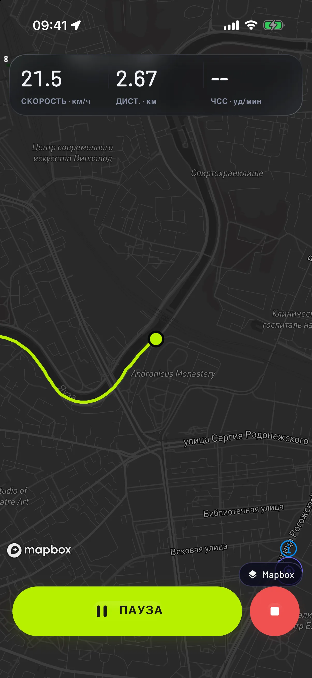 Экран Dopamine с записью тренировки и картой маршрута; показаны демонстрационные значения